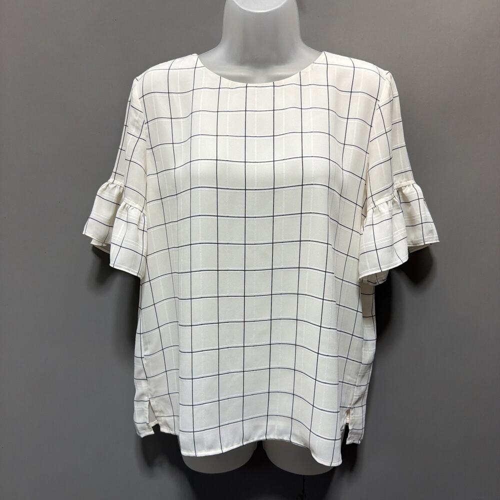 Ann Taylor Loft Ivory Black Windowpane Plaid Flare Sleeve Blouse Top Shirt S